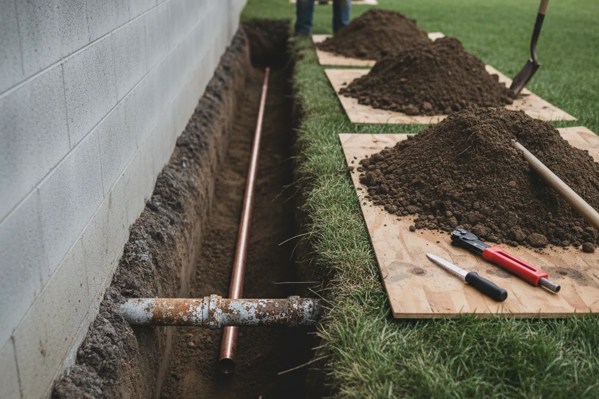 Excavated water line trench during Water Heater Repair in Marathon